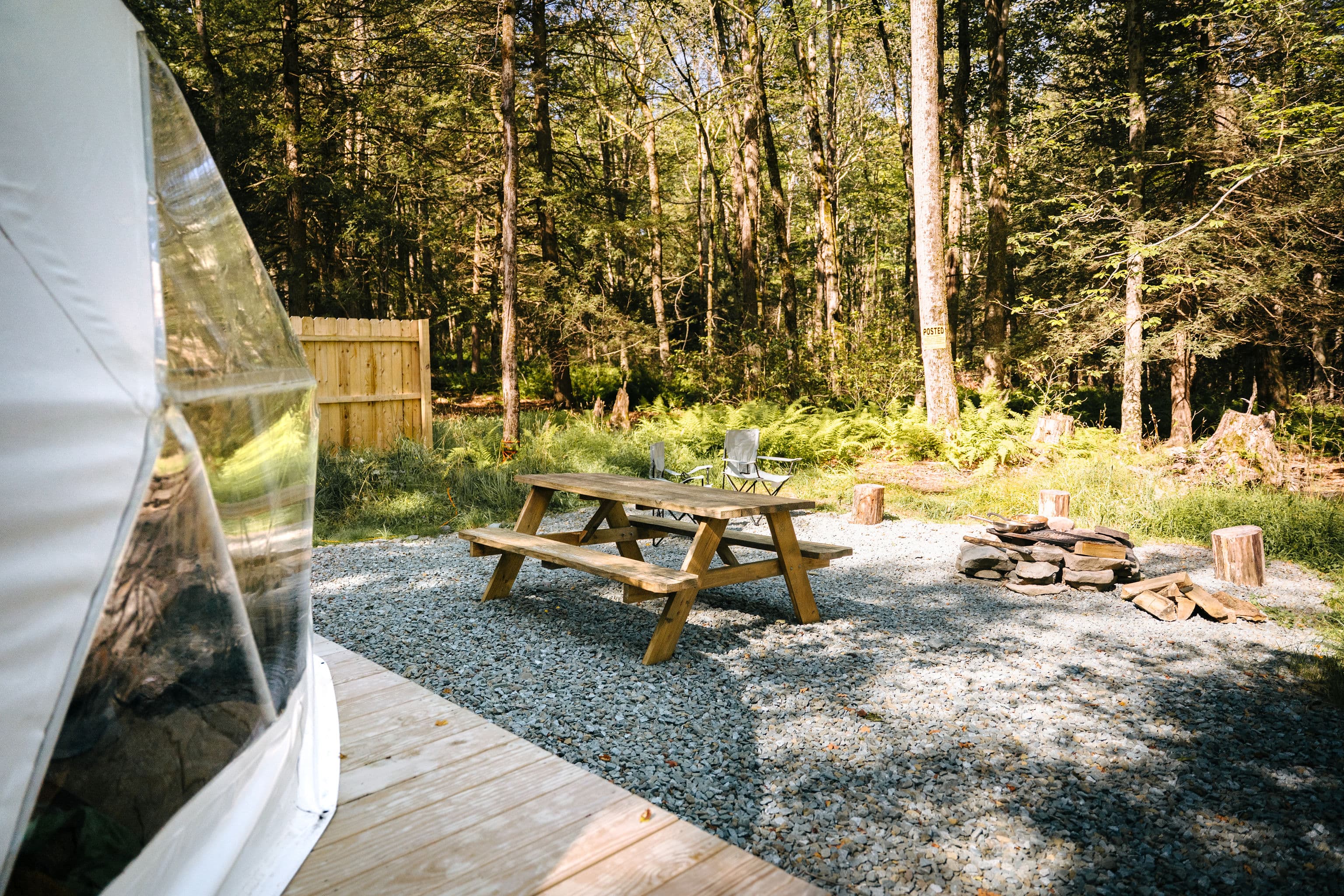 Glamping dome with outdoor seating